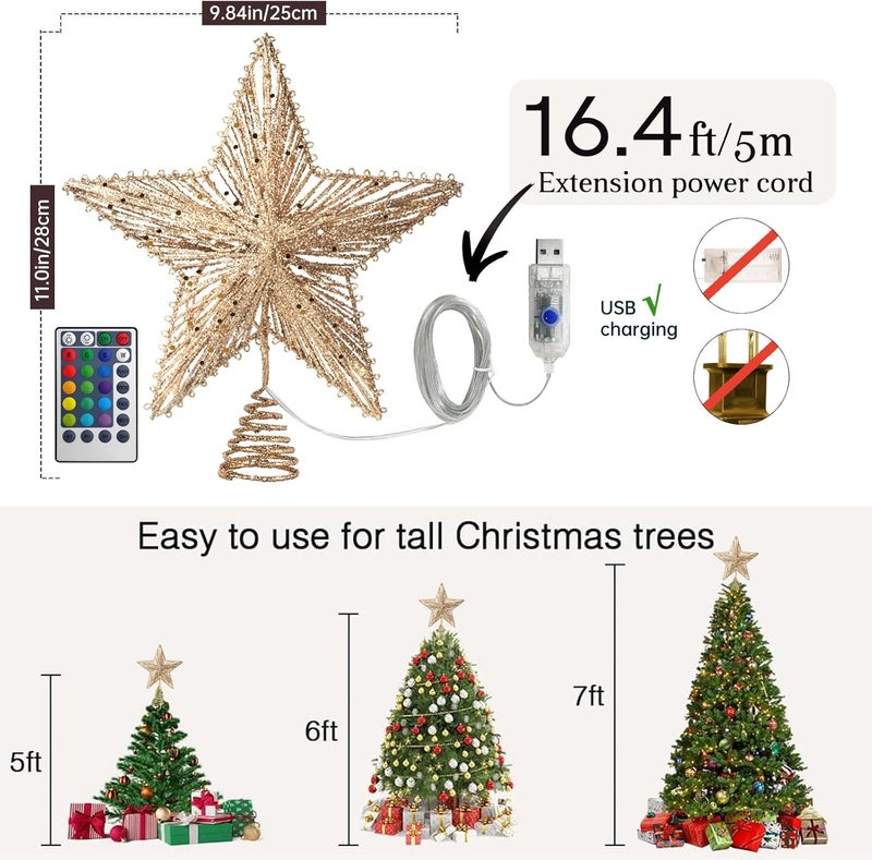 WVSAFV Christmas Tree Topper Star Champagne Gold, Christmas Tree Toppers with 40 Colour & Warm LED Lights, Tradition Tree Topper Star for Home Holiday Xmas Tree Christmas Decor - Image 4